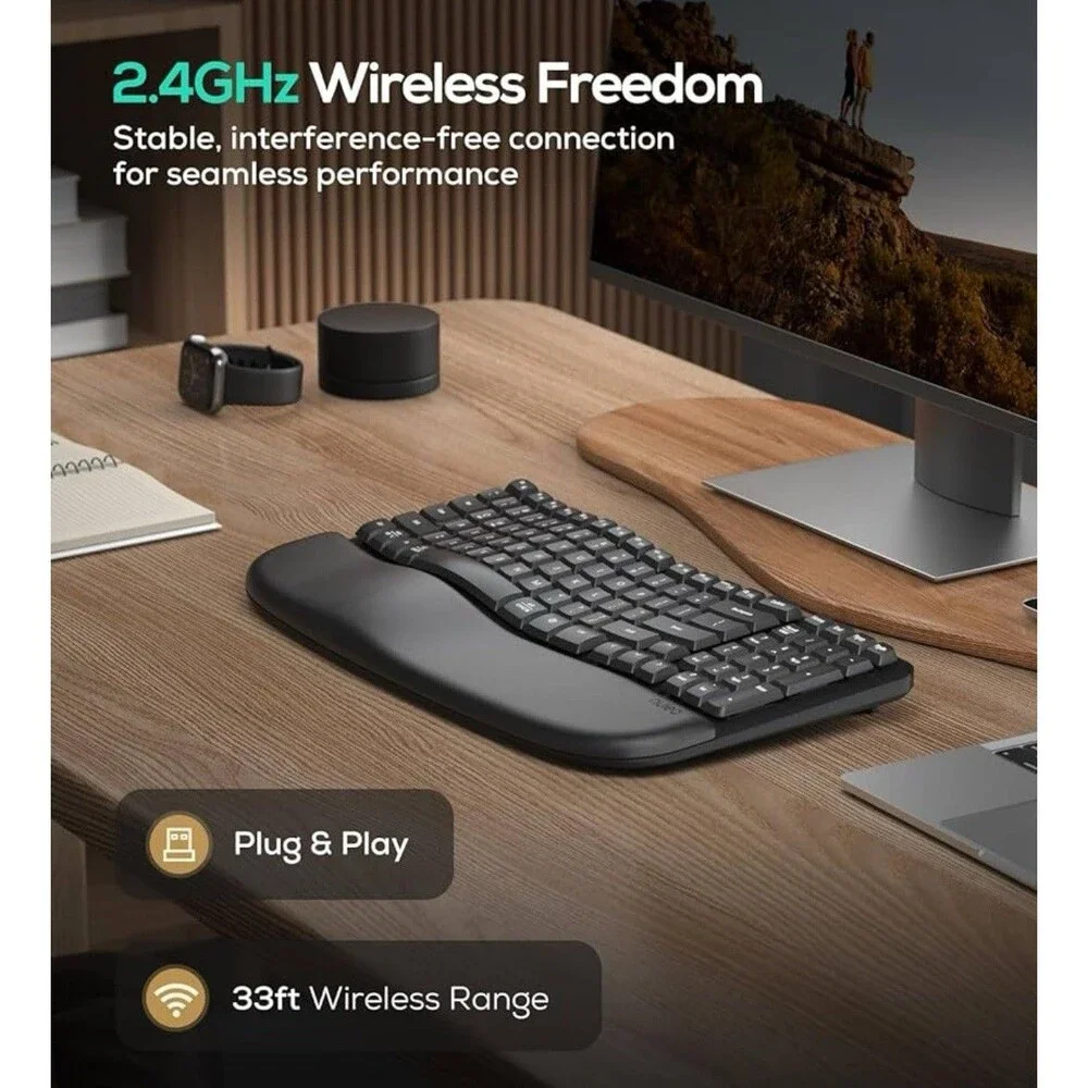 Nulea RT08 Wave Keys Wireless Ergonomic Keyboard with Cushioned Palm Rest,